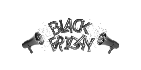Globos de letras Black Friday y megáfonos a ambos lados.
